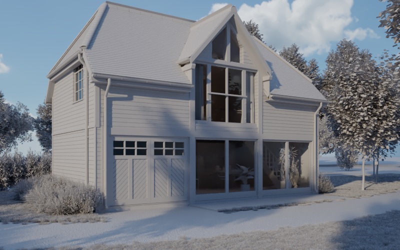 Clay render of the annex: the whole model in plain grey, three-quarter view