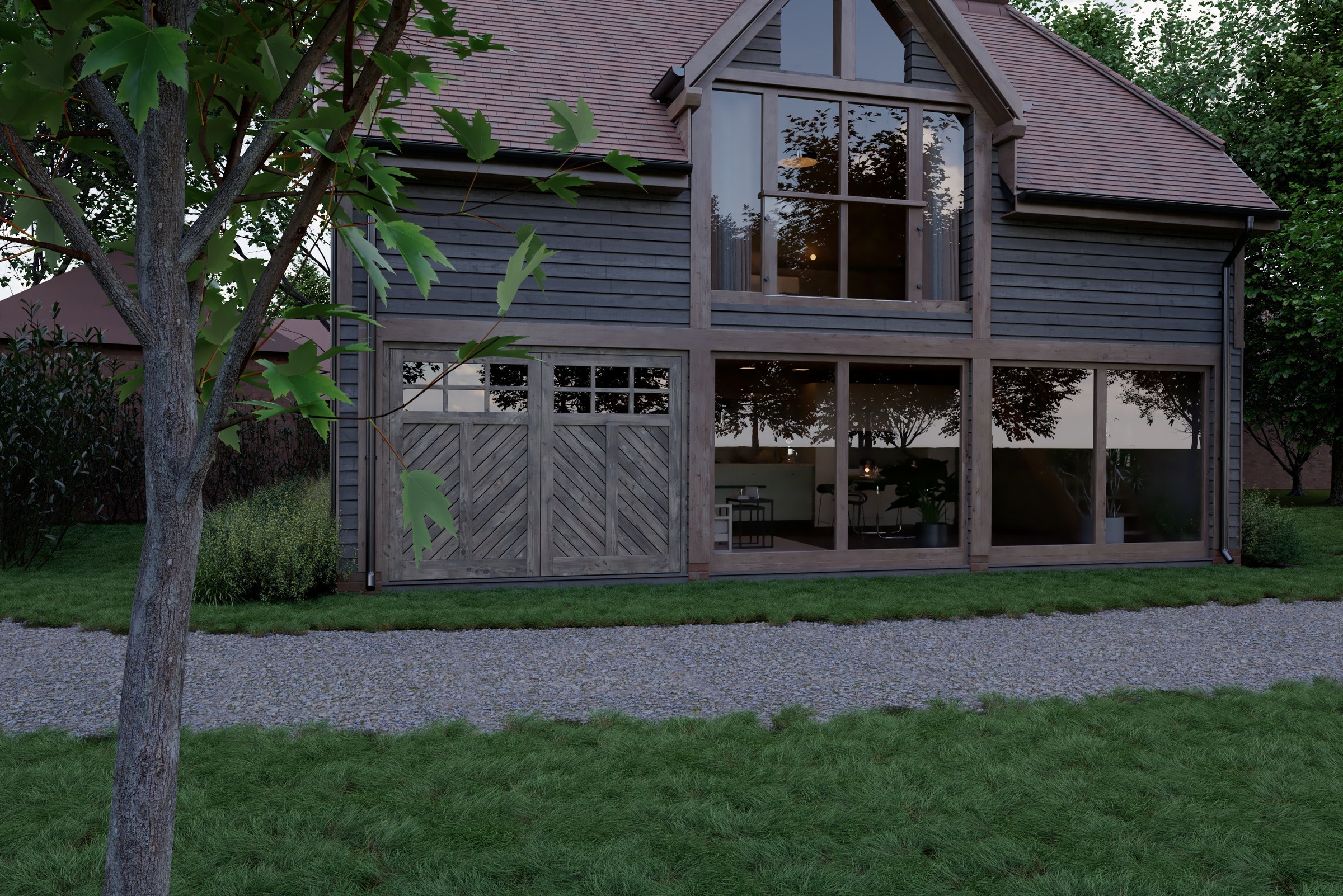 Full CG view of the timber-clad annex across the lawn, with its tiled roof, glazed gable and chevron garage doors