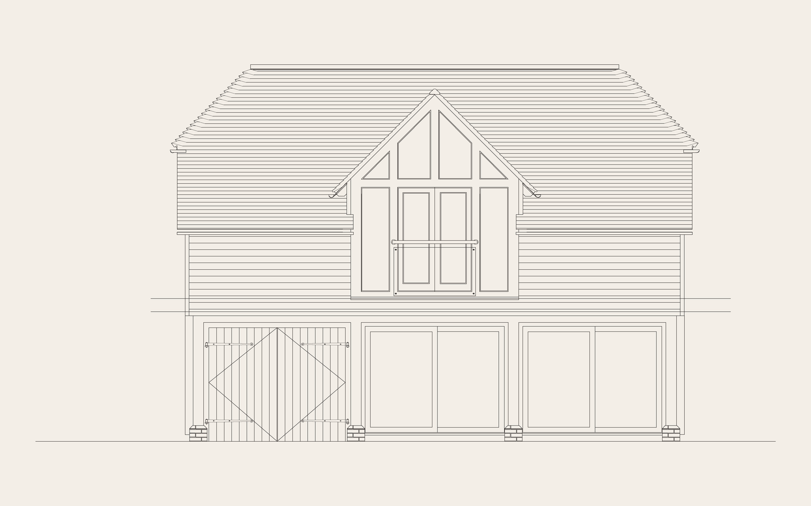 Front elevation linework: garage doors, oak frame and glazed gable