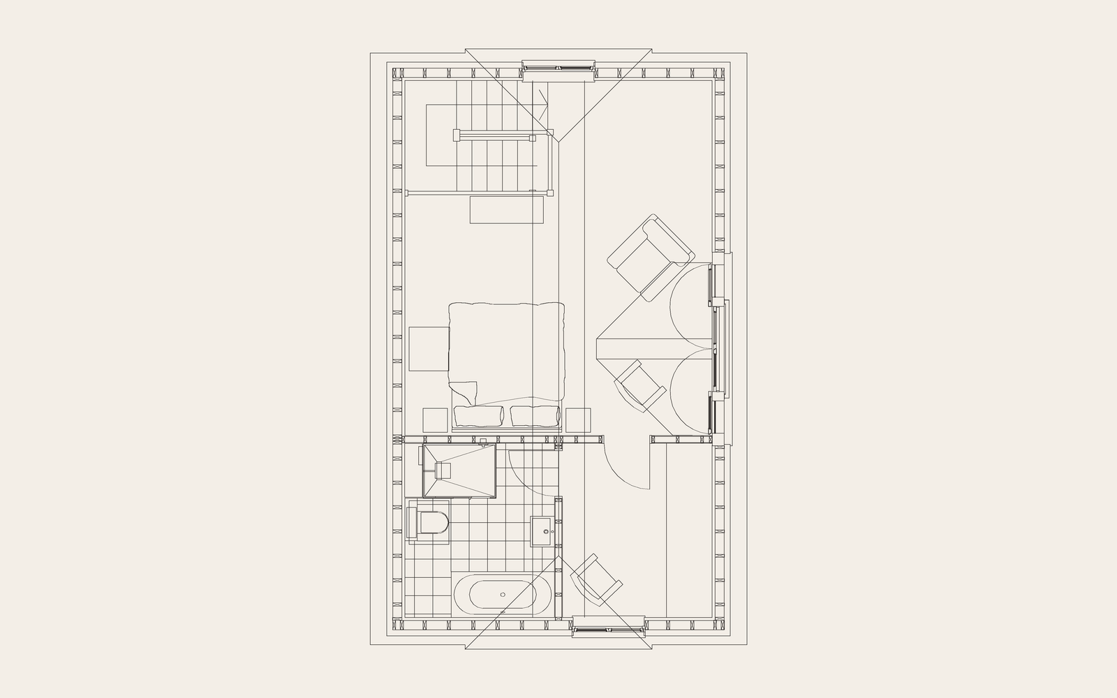 First floor plan linework: bedroom, bathroom and gallery