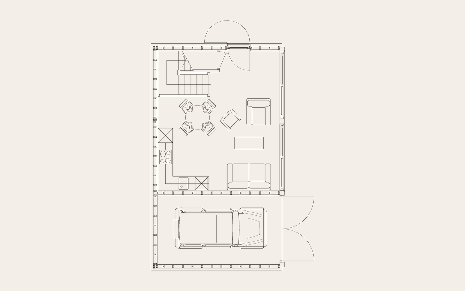 Ground floor plan linework: living space, kitchen, stairs and garage