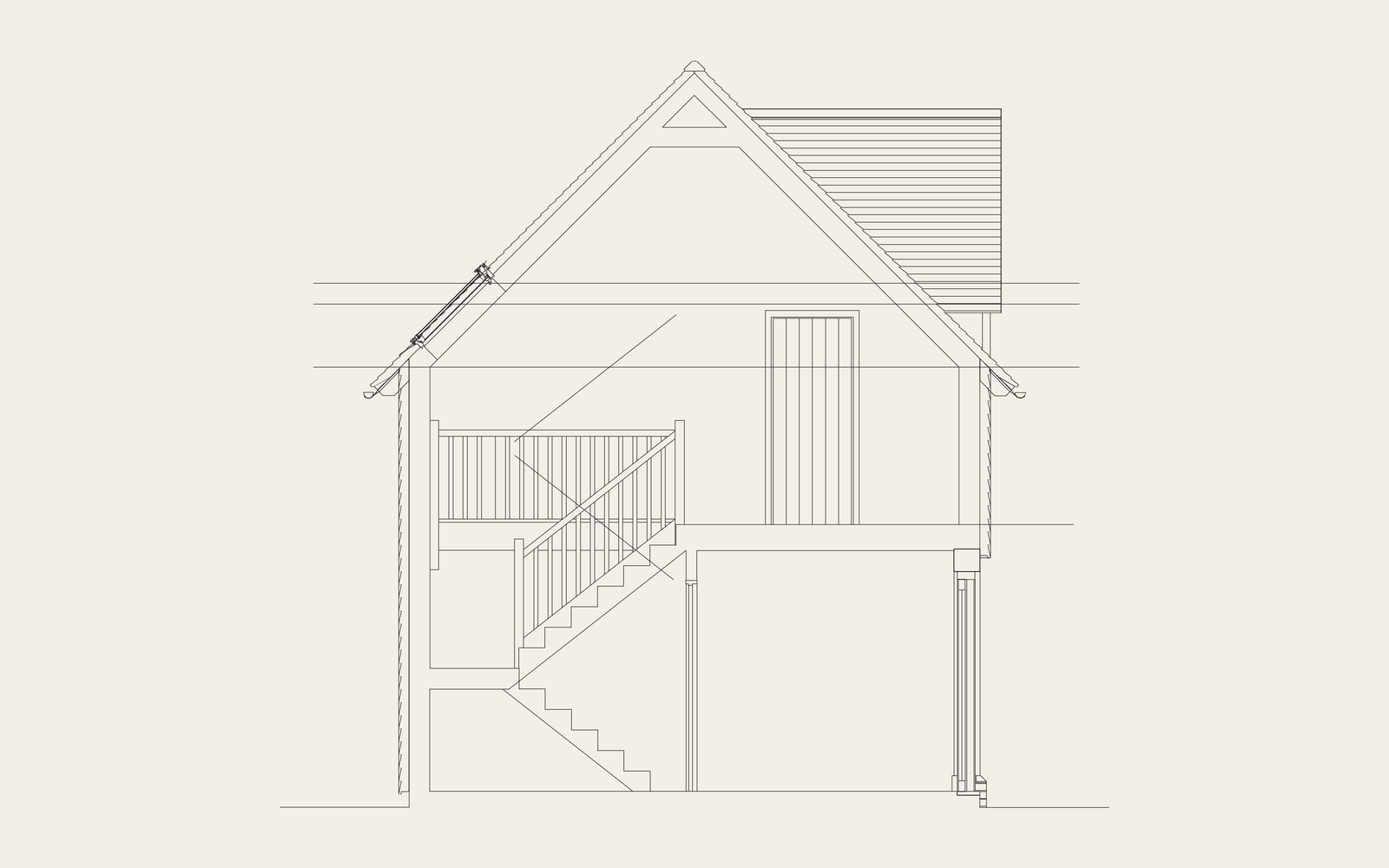 Section through the annex showing the stairs, gallery and roof build-up