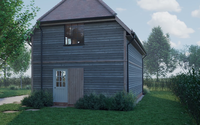 Side of the annex with the glazed entrance door, ledged door and first-floor window