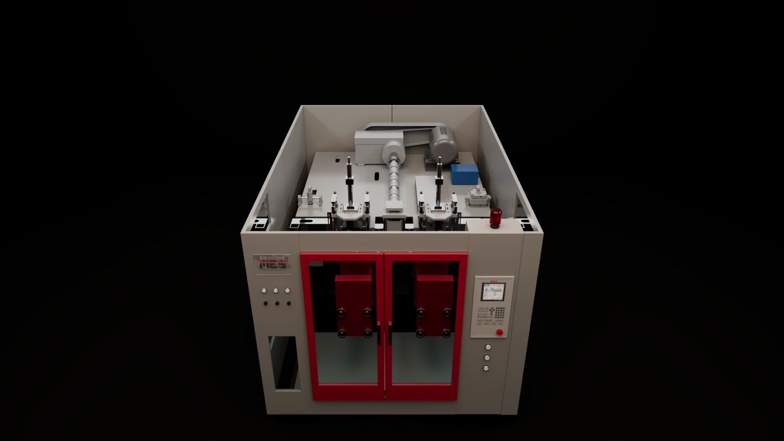 Final photoreal frame of the MP70D blow moulding machine