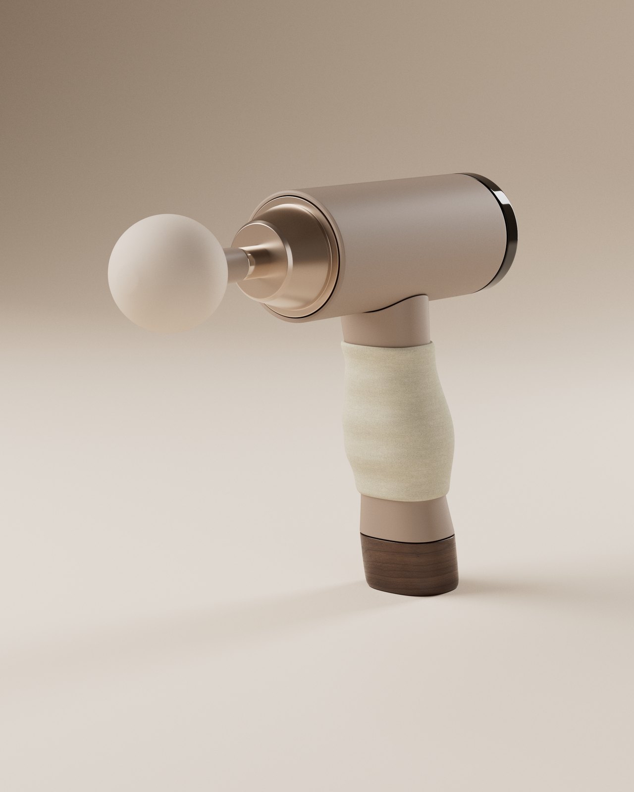 The Halvo with its padded linen grip and walnut base, standing on a warm studio floor