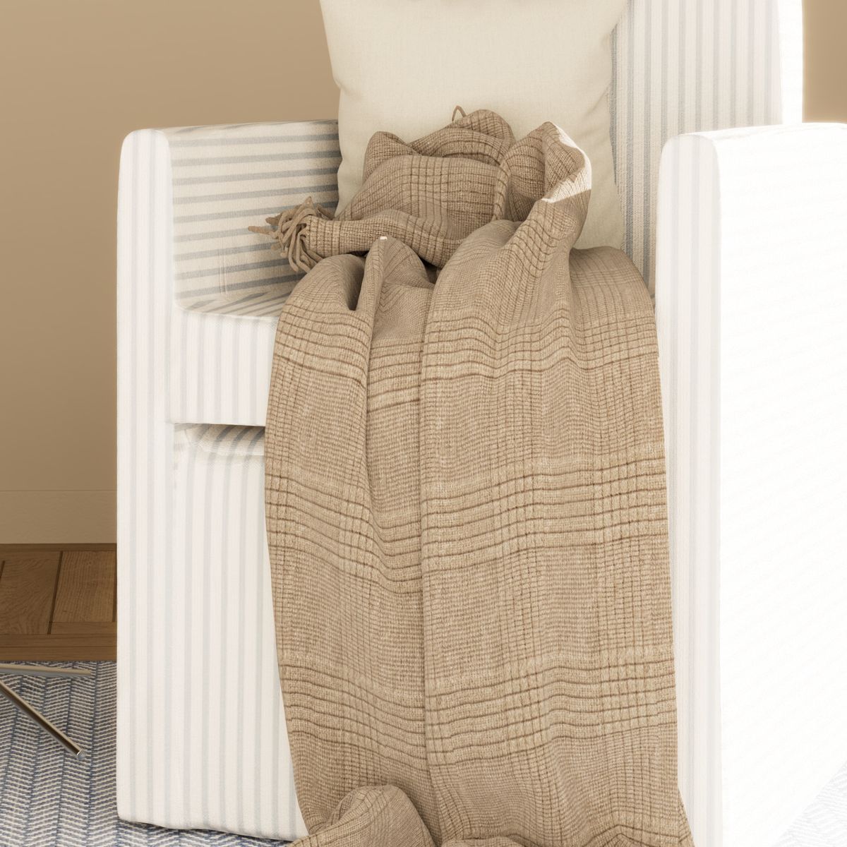 Close-up of the linen throw on the armchair