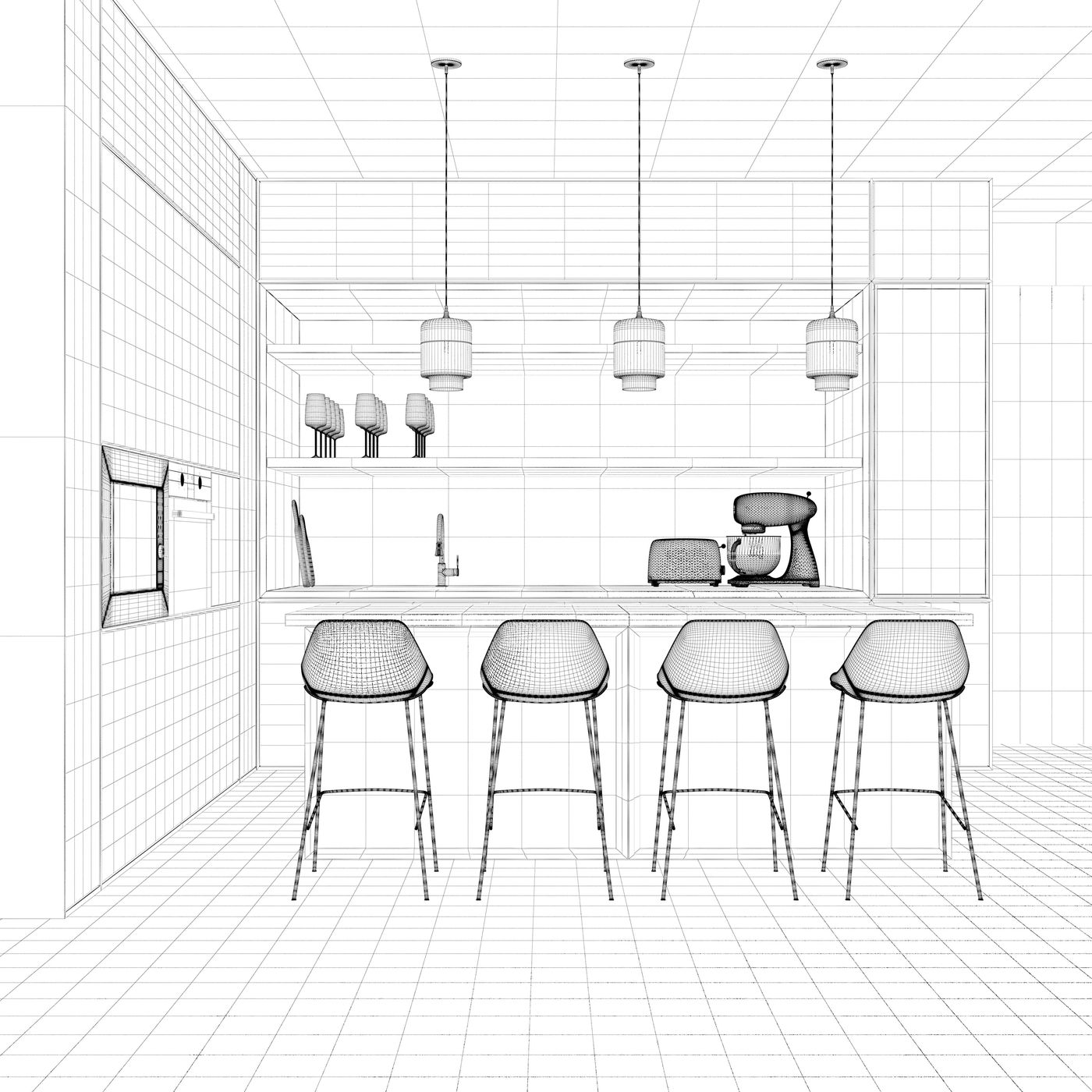 Clean linework of the concept kitchen