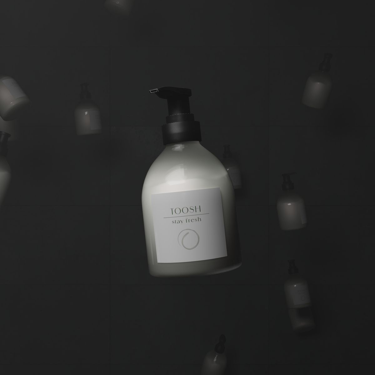 Toosh campaign still with floating bottles on a dark background